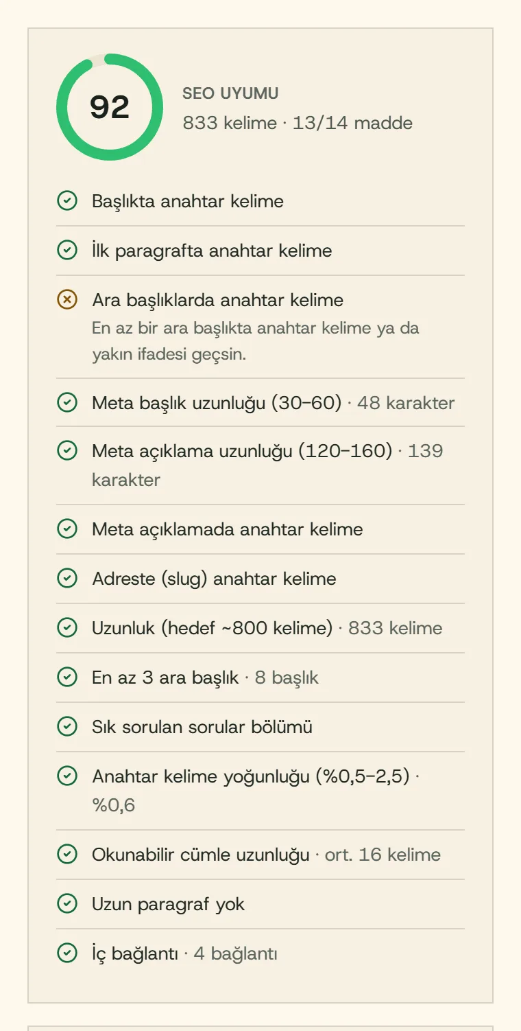Aynı yazının SEO kontrol listesi: 13/14 madde geçti; eksik madde: Ara başlıklarda anahtar kelime.