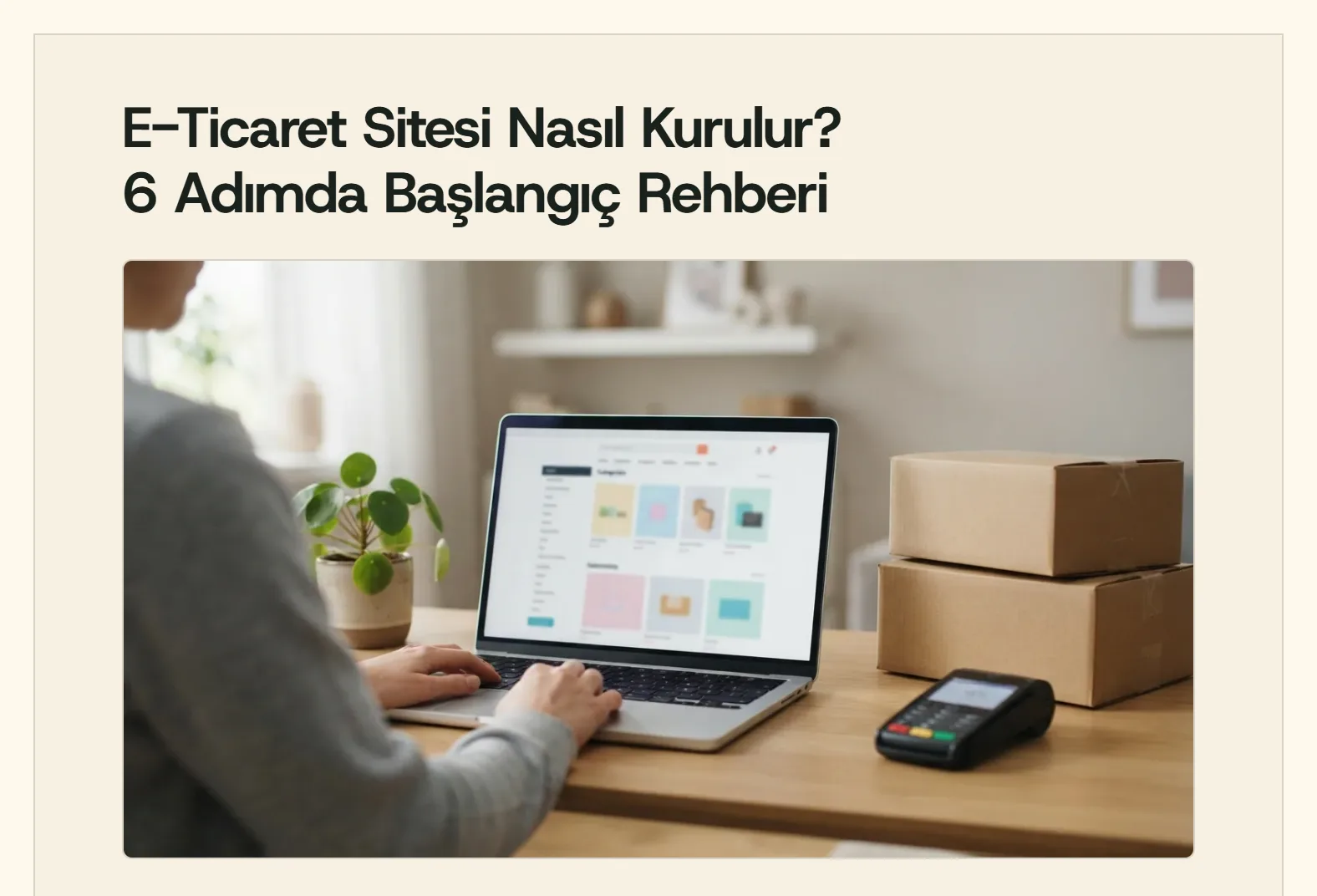 Panelde hazırlanan blog yazısının başı ve yazının kapak görseli: “E-Ticaret Sitesi Nasıl Kurulur? 6 Adımda Başlangıç Rehberi”.